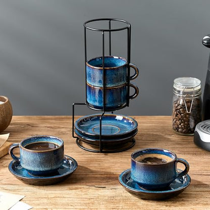 JIEMEI HOME Porcelain Stackable Cappuccino Cups with Saucers and Metal Stand, 7 Ounce Espresso Cups for Latte Coffee Cafe, Specialty Coffee Drinks, Cappuccino and Tea - Set of 4, Midnight Tide - color: Midnight Tide