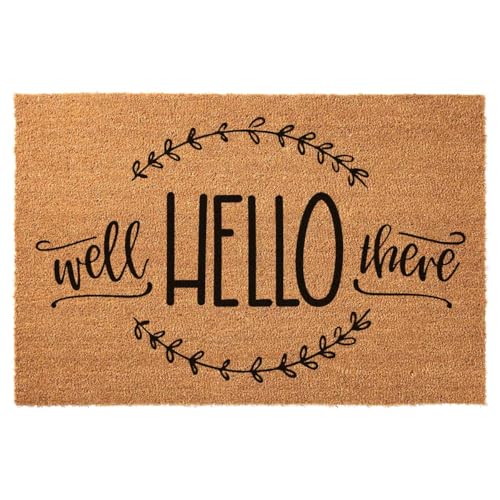 Funny Coir Doormat Well Hello There for The Entrance Way Personalized Rugs with Heavy-Duty PVC Backing Non Slip Outdoor 23.6 x 15.7 inch - color: Well Hello There