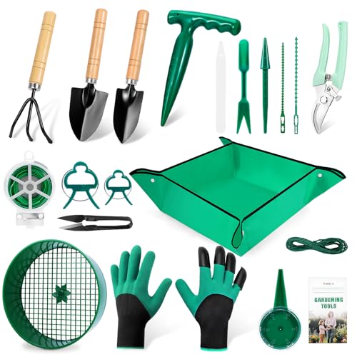 18-Piece Gardening Tool Set for Plants with Repotting Mat | Small-pot care for succulents, bonsai, herbs and seedlings; scoop, trim, label and support new growth