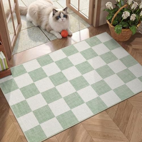 GarveeHome Checkered Sage Green 2x3 Washable Coastal Rug Small Door Mat | Sage Green Area Rug for Entryway Hallway Kitchen Bathroom Stain Resistant Low-Pile Non-Slip Soft Rugs TPE Backing - color: Sage Green, size: 2' x 3' (Rectangular)
