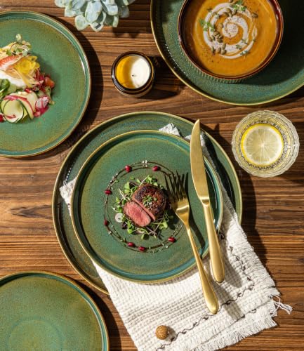 GBHOME Stoneware Dinnerware Sets for 4, 12 Pieces Plates and Bowls Set | Lightweight Ceramic Ribbed Dishes,Reactive Glaze Stackable Plate Set,Scratch Resistant,Microwave Dishwasher Safe,Maroon Olive - color: Maroon Olive