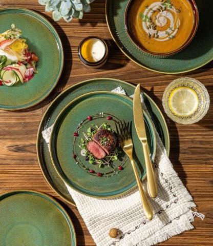 GBHOME Stoneware Dinnerware Sets for 4, 12 Pieces Plates and Bowls Set | Lightweight Ceramic Ribbed Dishes,Reactive Glaze Stackable Plate Set,Scratch Resistant,Microwave Dishwasher Safe,Maroon Olive - color: Maroon Olive