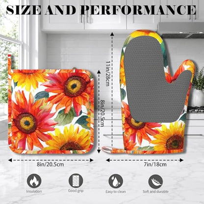 Watercolor Sunflowers Oven Mitts and Pot Holders Sets Flower Oil Painting Non-Slip Silicone Surface for BBQ Gloves,Kitchen,Cooking,Baking,Grilling - color: Watercolor Sunflowers