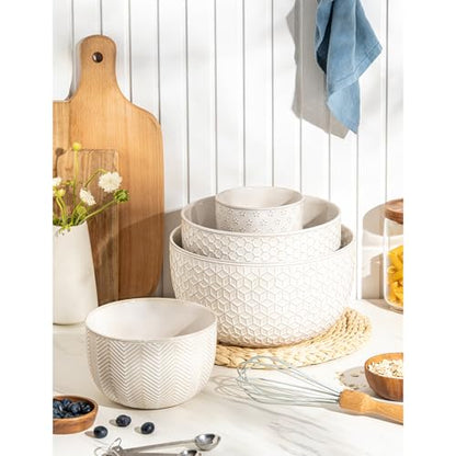 Ceramic Mixing Bowls, Embossed Nesting Bowls Set of 4, Mixing Bowl Set for Serving, Baking, Cooking and Gift, Microwave and Dishwasher Safe, 20/47/99/148 oz, Off-White - size: 20&47&99&148 oz