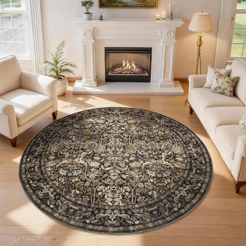 Vintage Washable Round Rug 8ft: Soft Area Rug Living Room Dining Room Brown | Oriental Floral Circle Carpet - Non-slip Easy to Clean Stain Resistant - Low-Pile 0.2in Fit Under Furniture - Pet Friendly - color: Brown and Gold, size: 8' (Round)