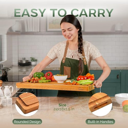 Howizz Acacia Wood Large Cutting Board, Thick Edge Grain Solid Wood Butcher Block For Kitchen, Non Toxic Pre-Oiled Carving Tray w/Juice Grooves and Easy Grip Handle, 24"x18" Thick 1.5" Gift-Ready Box - color: Upgraded Edge Grain, size: 24"L x 18"W