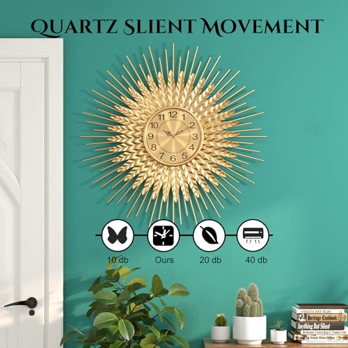 Large Mid Century Gold Wall Clock Decorative Modern Sunburst Wall Clocks, Metal Big Silent Non-Ticking Clock, Luxury Home Gift Decor for Living Room, Bedroom, Dining Room, 24 inch - size: 3. Gold-Wheat(Dismountable-60cm)