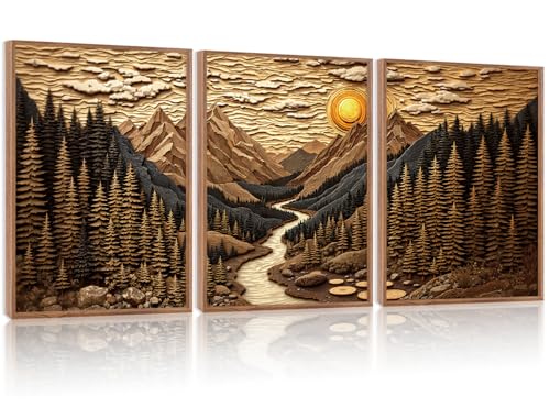 HPINUB Abstract Landscape Mountain Canvas Wall Art Set, Vibrant Sun Forest Pine Tree Wall Decor, Wilderness Nature River Rustic Scenery Art Print for Living Room,Bedroom,Office(Set of 3,12X16 Inch) - color: Abstract Mountains Wall Art