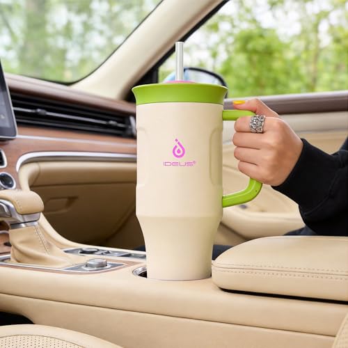 Ideus 32 oz Tumbler with Handle and Straw, 100% Leak Proof Dual Wall Vacuum Insulated Stainless Steel Travel Mug, Cup Holder Friendly, Cream White - color: Warm White