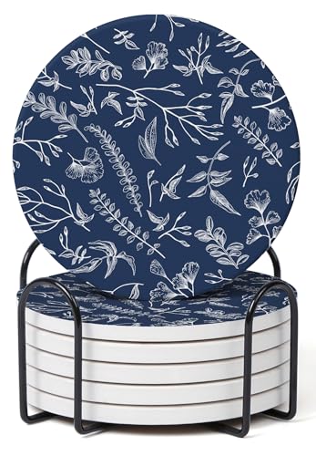 Set of 6 Floral Navy Blue Coasters with Holder, Absorbent Ceramic Drink Coasters with Cork Backing for Table Protection, Coffee Table Décor - color: Navy Blue