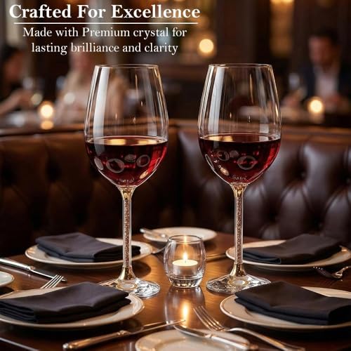 Matashi Crystal Wine Glasses Set of 2 (18.5 oz), Gold Crystal Filled Stem | Luxury Decorative Wine Glass Gift Set for Wedding, Anniversary, Elegant Red & White Wine Glasses
