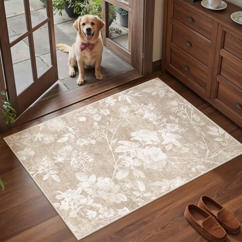 Soalmost Floral Washable Rugs 2x3, Soft Neutral Doormat for Entryway Tan | Kitchen Oriental Vintage Throw Area Rug, Low-Pile Non-Slip Small Thin Carpet for Bathroom Laundry Room Bedroom 2'x3' - color: Floral Tan, size: 2' x 3' (Rectangular)