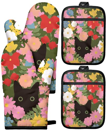 Miss Adola Cotton Oven Mitts and Pot Holders Sets, Floral Feline | Heat-resistant up to 350°F, Pure Cotton, Quilted Contact Surface, Stylish Design, with Hanging Loop, Ready to Gift Package - color: Floral Feline