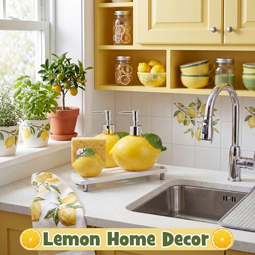 4 Pcs Lemon Kitchen Decor Ceramic Soap Dispenser Set Comes with Sponge Tray Instant Dry Tray Suitable for Kitchen Accessories Bathroom Decor Housewarming Gifts - style: Lemon