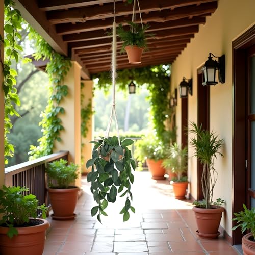 Hanging Plants Artificial Decor, Fake Hanging Plant in Clay Pot Artificial Hanging Plants with Fake Leaves and Hook for Wall Home Room Indoor Outdoor Décor (Dark Green)