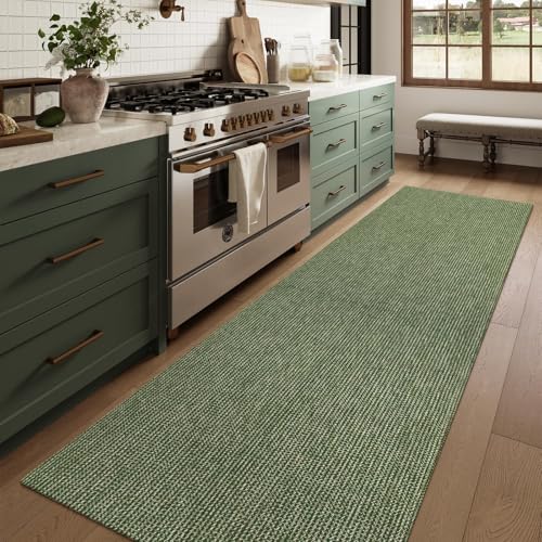 Uphome Kitchen Runner Rug, 2'6x10 Washable Boho Rug Runners for Hallways Non Slip, Low Pile Woven Cotton Modern Carpet Runners, Stain Resistant Bedroom Runner Rug for Hallway Entryway Entrance, Green - color: Green, size: 2'6" x 10' (Rectangular)