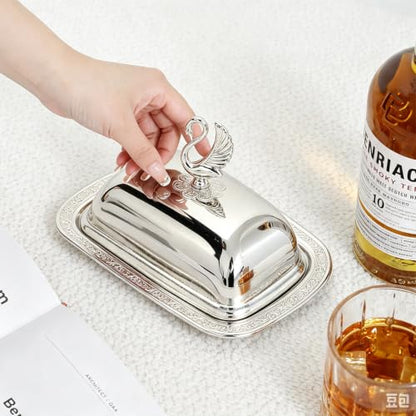 Stainless Steel Serving Tray with Lid for Fruit, Desserts, Snacks, Candies | 7.5"x 5.5" Serving Platte with Swan Handle Lid for Home Wedding Party Gatherings Dinners, Small Fruit Tray, Silver - color: Silver