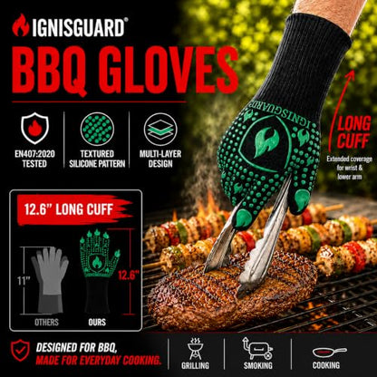 IGNISGUARD® BBQ Gloves, Heat Resistant Grill Gloves, 1 Pair, Green (M) | EN407:2020 tested with textured silicone grip, three-layer construction and long knit cuff for added wrist coverage. - color: Green, size: Medium