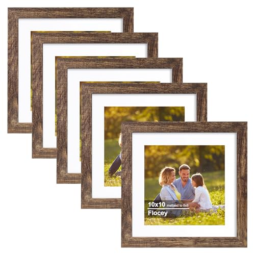 10x10 Picture Frame 5 Pack, Rustic Brown Photo Frame, Display Pictures 8x8 with Mat or 10x10 without Mat for Horizontal or Vertical Wall and Tabeltop Display - color: Rustic Brown, size: 10×10-5PACK