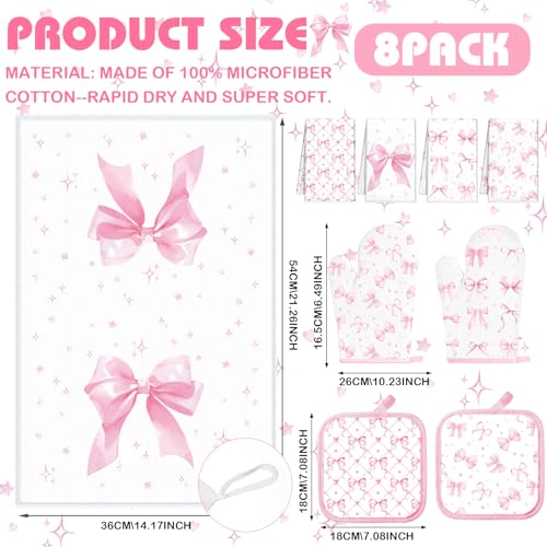 Teenyyou 8 Pcs Pink Bows Kitchen Towels Pot Holders and Oven Mitt Set Coquette Kitchen Accessories 4 Dish Towels 2 Absorbent Square Potholders 2 Heat Resistant Glove for Cooking Baking Home Gifting - style: Bow