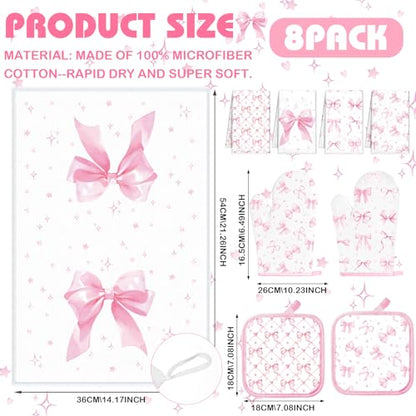 Teenyyou 8 Pcs Pink Bows Kitchen Towels Pot Holders and Oven Mitt Set Coquette Kitchen Accessories 4 Dish Towels 2 Absorbent Square Potholders 2 Heat Resistant Glove for Cooking Baking Home Gifting - style: Bow