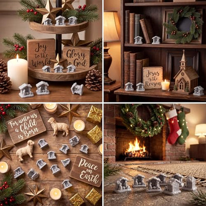 RoundFunny 50pcs Miniature Christmas Nativity Resin Holy Family with Manger | Mini Nativity Scene Figurines, Holy Family Stable Statue, Religious Gift DIY Crafts for Xmas Mantel Tiered Tray Table Decor - style: Christmas Nativity