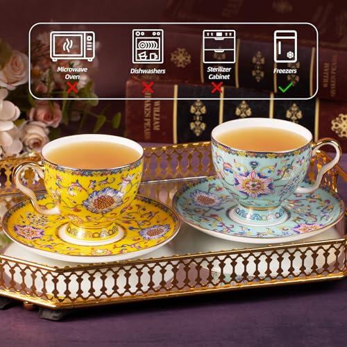 KAMMAK Tea Cup and Saucer, Ceramic Coffee Cups, 7.4 oz, Set of 2 | Porcelain Tea Cups with Saucers for Coffee and Cappuccino, Ideal for Breakfast, Afternoon Tea and Entertaining,940+941N - style: 641N+642N