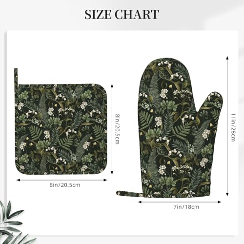 Botanical Oven Mitts and Pot Holders Sets Silicone White Flowers Berries and Leaves Kitchen Oven Mitts Hot Pads Heat Resistant Potholders Kitchen Mitts Set for Baking BBQ Cooking - color: Black White
