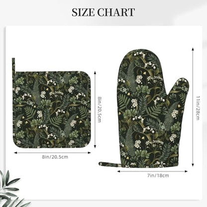 Botanical Oven Mitts and Pot Holders Sets Silicone White Flowers Berries and Leaves Kitchen Oven Mitts Hot Pads Heat Resistant Potholders Kitchen Mitts Set for Baking BBQ Cooking - color: Black White