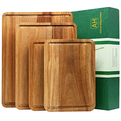 Large Solid Acacia Wooden Chopping Board Set of 4 for Kitchen | FSC-certified Wood Cutting Board Set of 4(16x12, 14x10, Double 11x8 inch)Juice Groove,Handles,Non-slip Mats,Thick,Reversible - size: 16"L x 12"W