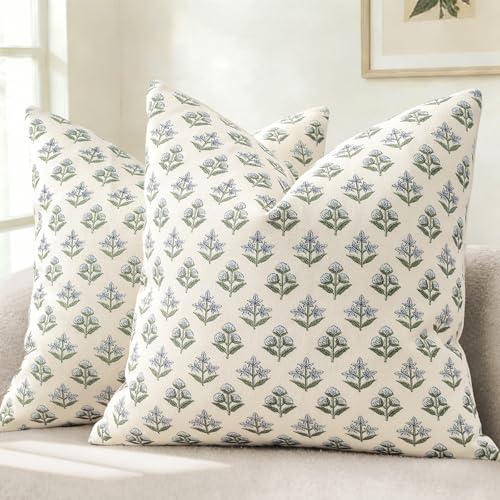 YCOLL Farmhouse Floral Pillow Covers 18x18 Set of 2, Rustic Country Decorative Cushion Covers Vintage Throw Pillow Covers for Sofa Couch Bed Living Room Home Decor, Blue Green - color: Blue Green, size: 18" x 18" (Pack of 2)