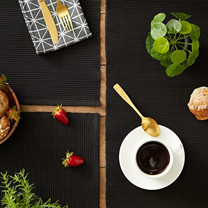 DII Basic Everyday Ribbed Tabletop 100% Cotton, Placemat Set, 13x19, Black, 6 Piece - color: Black, size: 13x19"