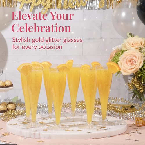 Prestee 48 Pack Champagne Flutes Plastic Disposable - Gold Glitter Flute Glasses for Champagne, Mimosa Bar, New Year's Eve 2025 Party Supplies, Wedding, Shower, Event - 4.5 oz Fairy Stemware - color: Gold Glitter, size: 48 Count (Pack of 1)