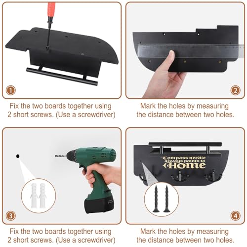 Picowe Wall Mounted Mail and Key Holder, Wooden Black Ship Style with 3 Anchor Hooks for Entryway, Farmhouse Wall Organizer for Mail & Keys