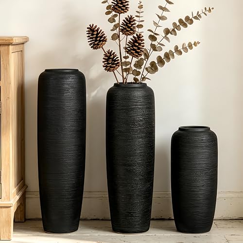 Black Rustic Ceramic Floor Vase, 15.7 Inch, Ribbed Texture | Living Room, Entryway, Fireplace, Pampas Grass, Dried Branches - size: 15.7 Inch