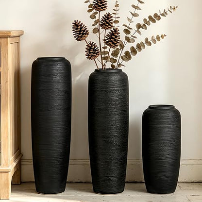 Black Rustic Ceramic Floor Vase, 15.7 Inch, Ribbed Texture | Living Room, Entryway, Fireplace, Pampas Grass, Dried Branches - size: 15.7 Inch