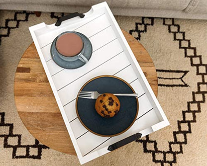 Bamboo Land- Large Wooden Serving Tray with Handle, 20” X 12’’, White, Wooden Tray with Handles, Serving Tray with Handles - color: White