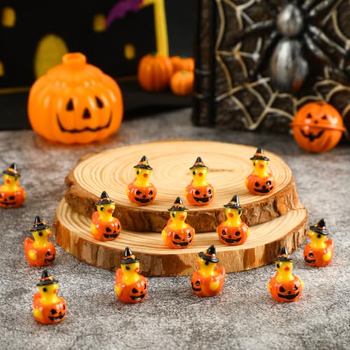 JUNEBRUSHS 50Pcs Mini Resin Ducks Halloween Tiny Pumpkin Ducks Figures | Yellow Ducks,Small Resin Animals,for Dollhouse Miniature Landscape Decor,DIY Crafts,Spooky Party Favor - style: Halloween Pumpkin Duck Style