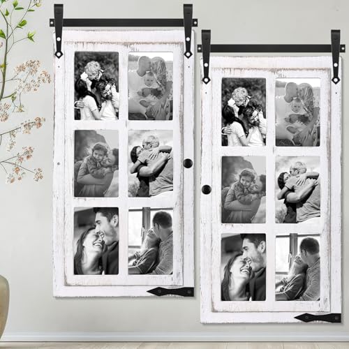 Sintuff 2 Sets Picture Frame Collage Fit 4x6 Photo Multi 6 Opening White Wooden Barn Door Window Farmhouse Picture Frame Collage for Living Room Bedroom Wall Decor - color: Distressed White, size: Fit 4x6, style: 6 Opening