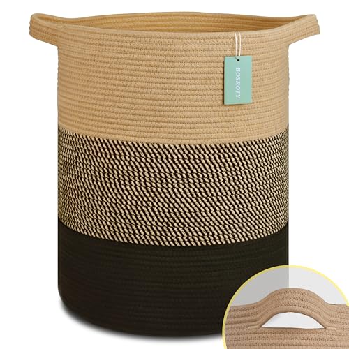 Cotton Rope Blanket Basket, 72L Tall Laundry Hamper, Brown & Black | 16"x 22", Large Collapsible Woven Nursery Hamper with Sturdy Handles for Clothes Toys Towels, Bedroom Living Room Bathroom - color: Brown & Black, size: 72L (16"x22")