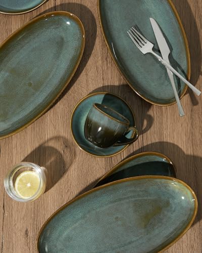 12.8" Oval Serving Platters, Stoneware Party Tray Set for Entertaining, Microwave Safe Large Platter for Fruit/Cheese/Cookie/Sushi/Appetizer, Ceramic Serving Trays Plates of 4, Aurora Green - size: Oval