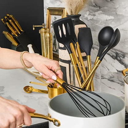 Styled Settings Black and Gold Kitchen Utensils Set, 6-Piece | Silicone Utensils Set Include Tongs, Whisk, Serving Spoon, Spatula, & Turner for Stylish Cooking - Gold Kitchen Accessories - color: Black & Gold