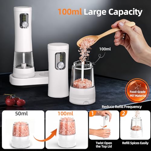 Electric Salt and Pepper Grinder, Rechargeable Automatic Pepper Mill with Base,5-Level Adjustable Coarseness, Display, LED Lighting, Large Capacity-Ideal for Kitchen, BBQ Gifts (1, White-A) - color: White-A