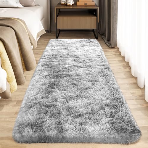 Zentavio Runner Rugs for Hallway 2x6 Shag Soft Bedroom Bedside Rugs Non Slip Fluffy Carpet for Kids Girls Boys Home Decor Aesthetic Dorm Nursery Tie-Dyed Grey White - color: Tie-dyed Grey White, size: 2' x 6' (Runner)