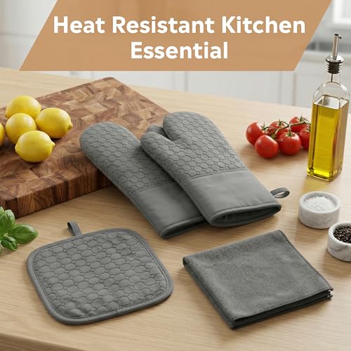 Pot Holders Set, 6 Piece Kitchen Oven Mitts & Towels Set | 2 Pot Holders, 2 Oven Mitts, 2 Dish Towels, Heat Resistant up to 500°F, Ideal for Cooking & Baking - color: 2 Pot Holders, 2 Mitts, 2 Towels