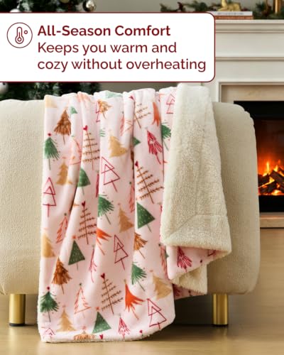Christmas Sherpa Blanket Throw Size, Reversible Blanket - Pink Trees, 50x60 | Super Soft Double Sided Throw for Bed, Sofa, Couch, Reversible Sherpa Fleece Blanket, Thick, Warm, Plush, Xmas Winter Bedding - color: 02- Pink Trees