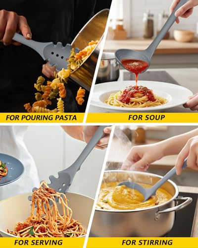 Silicone Pasta Fork and Soup Ladle Set, Heat Resistant Non Stick Kitchen Utensils with Back Hooks, Suitable for Cooking, Stirring, Serving Spaghetti, Soup, Sauce (GRAY) - color: Gray