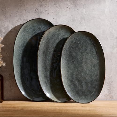 famiware Serving Platters Set of 3 Sizes - Oval, Deep Forest | 15.59"/14.3"/12.9" Fine Stoneware Serving Trays for Party, Entertaining for Food, Turkey, Cheese, Microwave Dishwasher Safe - color: Deep Forest