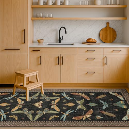2x5 Black Washable Kitchen Runner Rugs Non Skid Washable - Gothic Runner Rug for Entryway, Kitchen, Insect Print Stain Resistant Indoor Décor - color: Black / Multi, size: 2' x 5' (Runner)