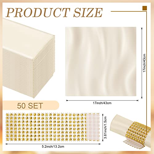 Tatuo 50 Sets Ivory Satin Napkins and Rings Set 17 x 17 Inch Square Dinner Cloth Napkins Holder Bulk for Wedding Party Supplies Banquet, Parties Dinner Decoration(Ivory)